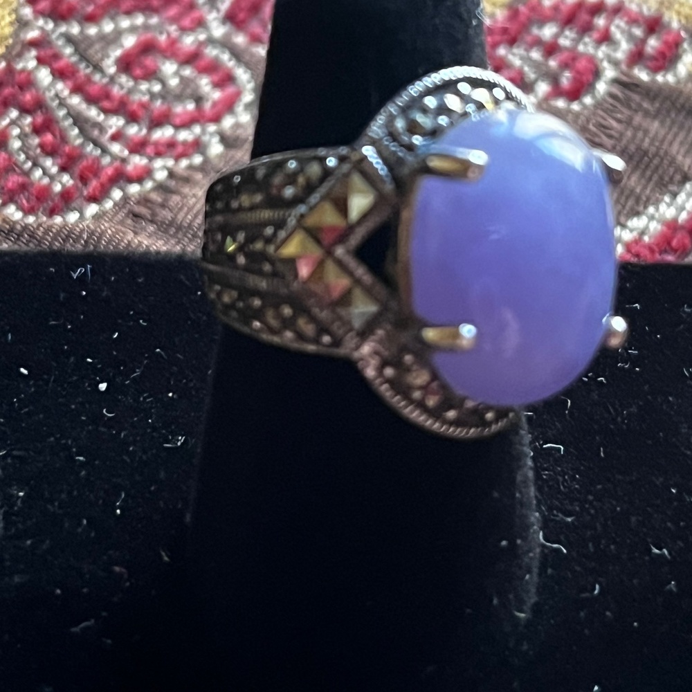 Sterling silver malachite purple jade ring